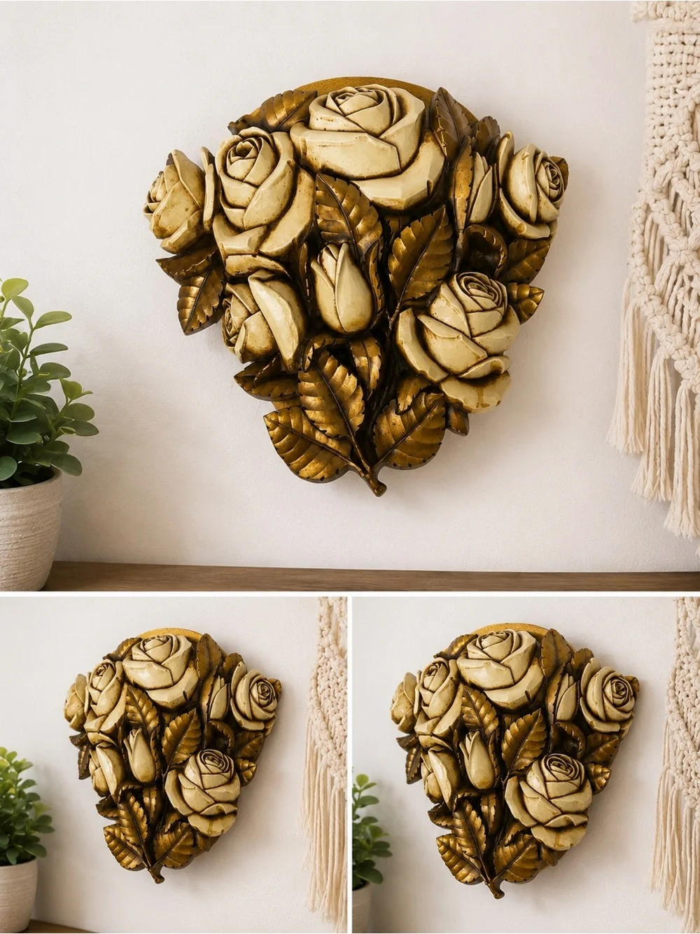 Vintage 1978 Homco 6048 Floral Wall Pocket Plaque Ivory Gold Roses USA